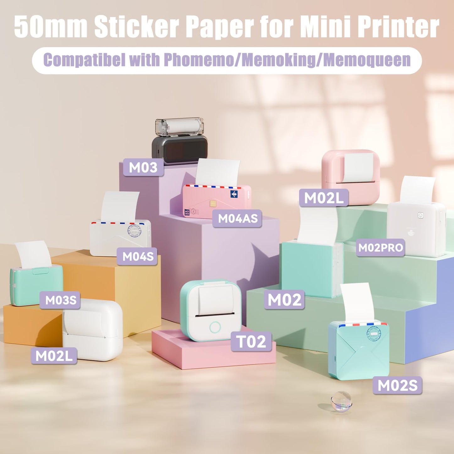 Memoking White Sticker Paper, HD Thermal Sticker Compatible with T02 M02 M02Pro M02D M02S M03 M03AS M04S Sticker Printer, Compatible with Phomemo Printer Paper M02 Sticker, 50mmx3.5m/Roll, 3 Rolls