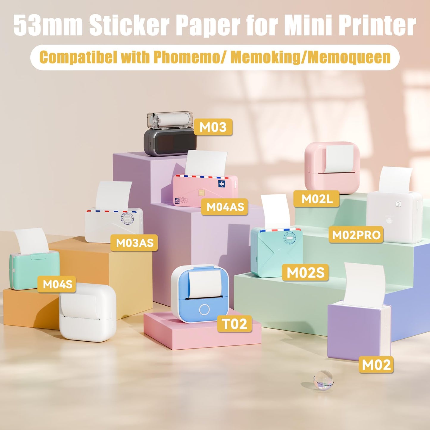White Thermal Paper, Non-Sticky M02 Paper for T02 M02 M02S M02Pro M03 M04AS Mini Printer, 53mm x 6.5m/Roll, 3 Rolls, Memoking Paper Compatible with Phomemo Printer Paper, Keep for 10 Years