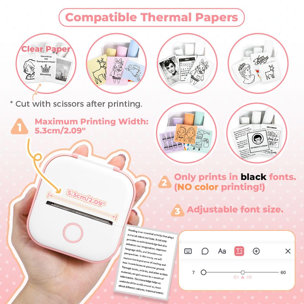Mini Printer Sticker Maker - T02 Thermal Printer, Bluetooth Wireless Portable Phone Printer, Small Instant Pocket Printer, for Anatomy Picture, Children DIY, Pink