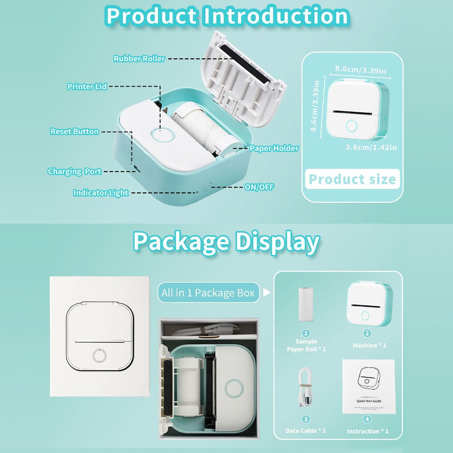 Memoking Mini Pocket Printer - T02 203dpi Bluetooth Thermal Printer, Portable Phone Printer for Children, Compatible with Phones&Tablets, Green