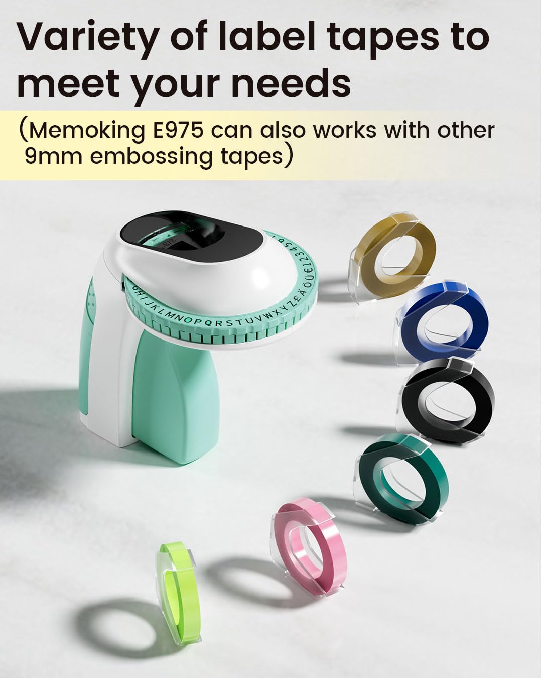 Memoking Embossing Label Maker Machine-E975 3D Label Maker Machine with 6 Rolls of 3/8''(9mm) Label, Handheld Embossing Label Maker, Lettering Embossed Label Maker for Home, Office and DIY (Green)
