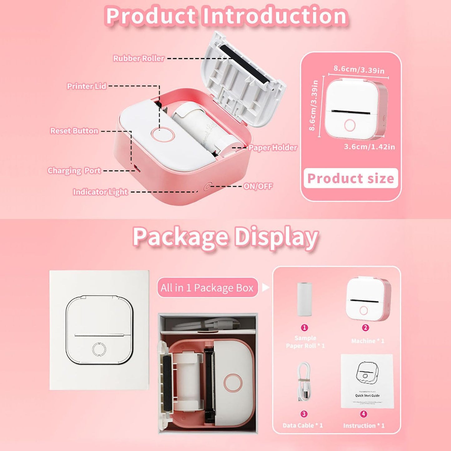 Mini Printer Sticker Maker - T02 Thermal Printer, Bluetooth Wireless Portable Phone Printer, Small Instant Pocket Printer, for Anatomy Picture, Children DIY, Pink