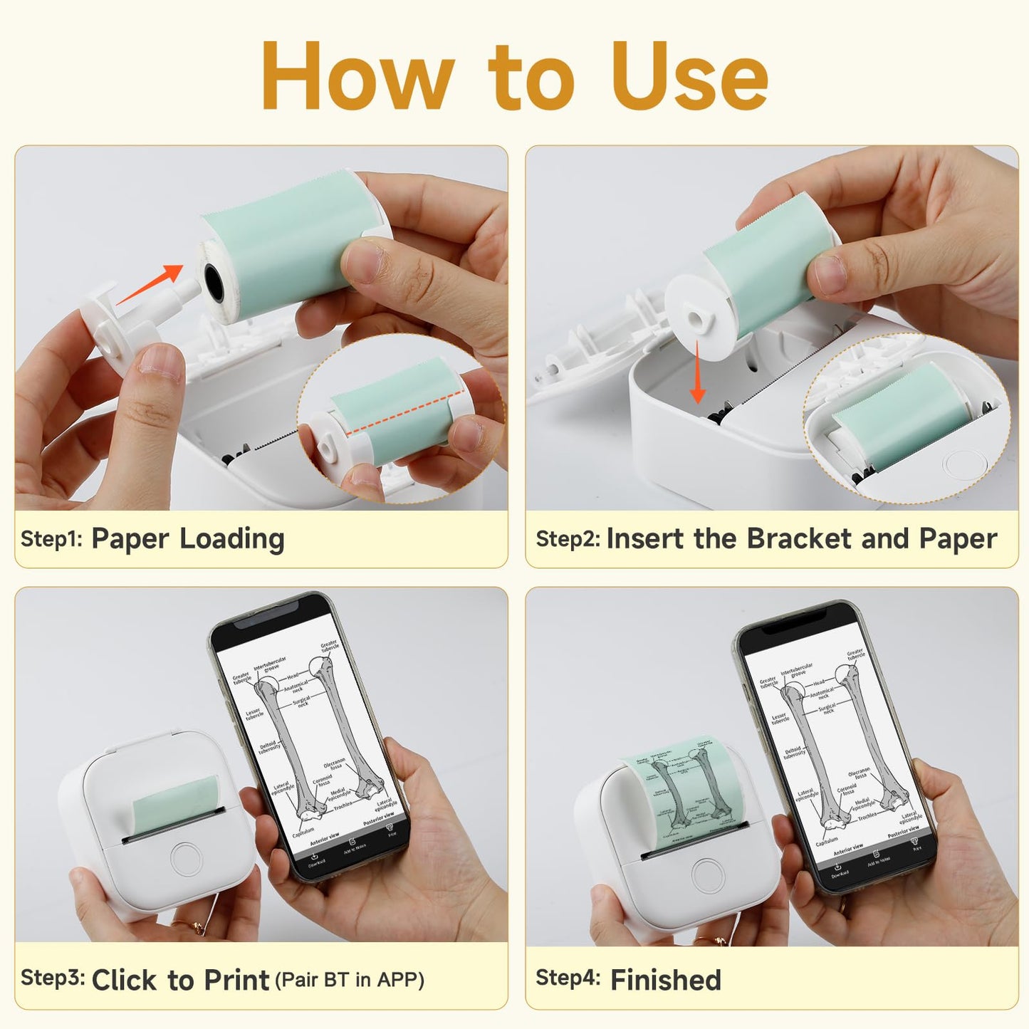 Memoking Mini Drucker - T02 Bluetooth Inkless Photo Printer, Kleiner Thermischer Taschenaufkleber-Drucker, Tragbarer Handy-Bilddrucker, für Kindergeburtstag, Kinder, Weiß