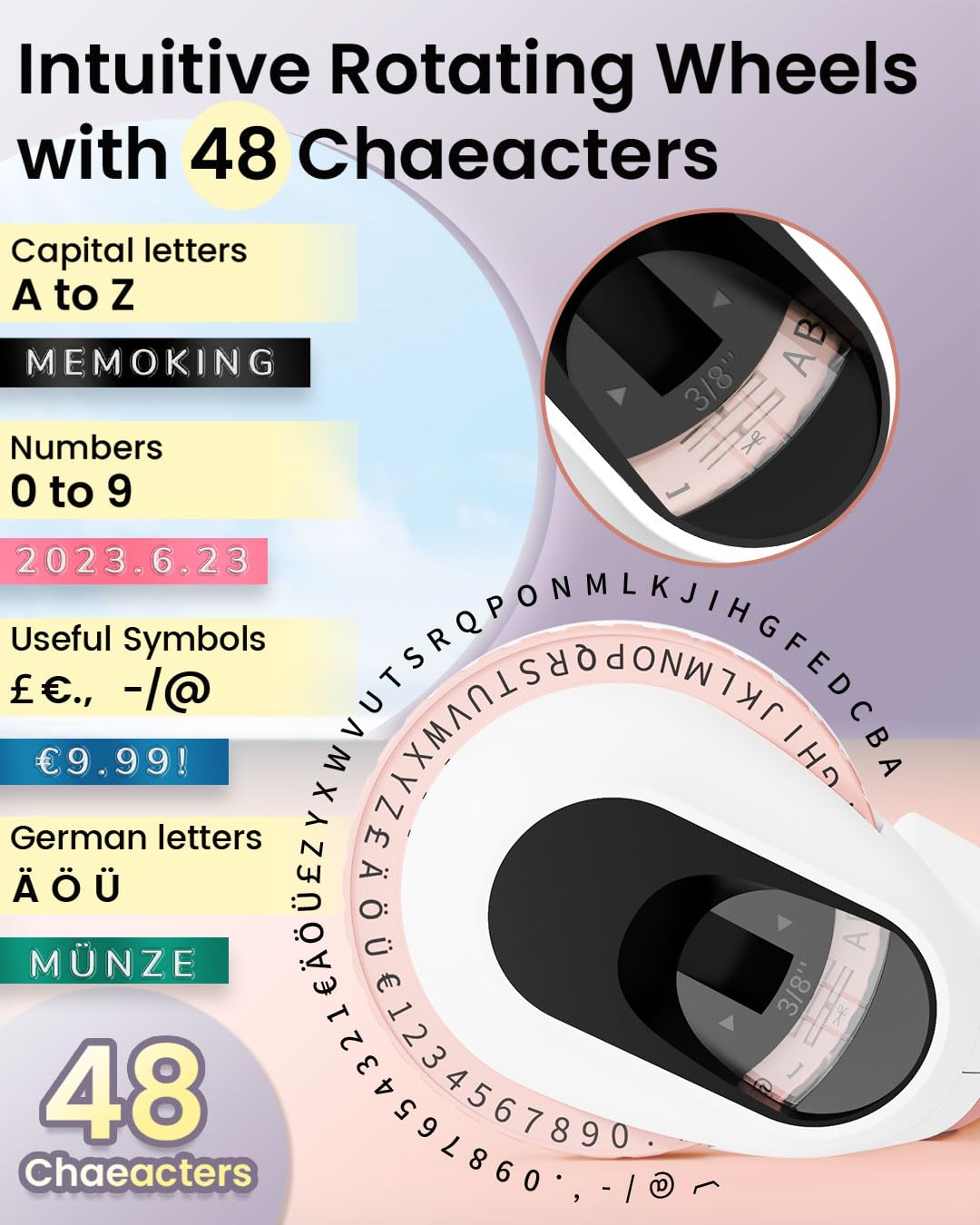Memoking Embossed Label Maker Machine-E975 3D Embossing Label Makers with 6 Rolls Label Emboss, Handheld Vintage Embosser, Lettering Embossing Label Maker for Home, Kitchen, Gift, Organization (Pink)