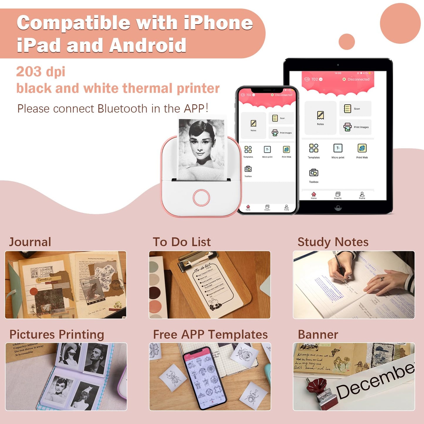 Mini Thermal Printer - T02 Pocket Compact Wireless Bluetooth Portable Mobile Receipt Printer Compatible with iOS & Android for Photos, Study Notes, Journal, Receipt, Small Gift, Pink