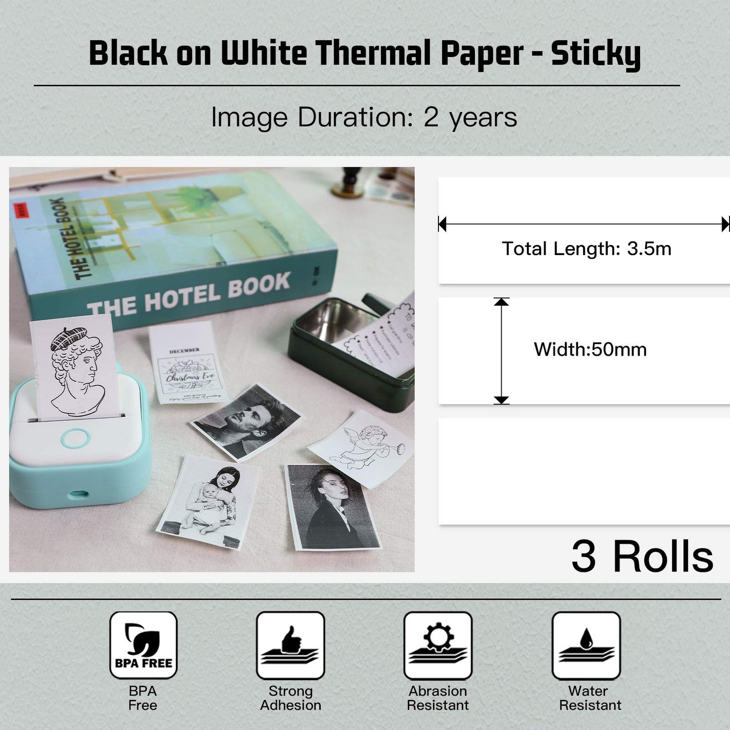 Memoking T02/M02X/M02L Wit thermisch papier - 2 jaar plakkerig 50mmx3,5m voor journal fototeksten studienotities en meer, 3 rollen