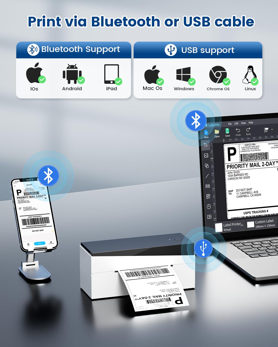 Memoking DHL Etikettendrucker Bluetooth, 4x6 Versandetiketten Drucker Für Haushalte & kleine Unternehmen, 249BT Thermodrucker Label Printer für Ebay, Etsy, UPS, Amazon, Royal Mail, Hermes, Shopify