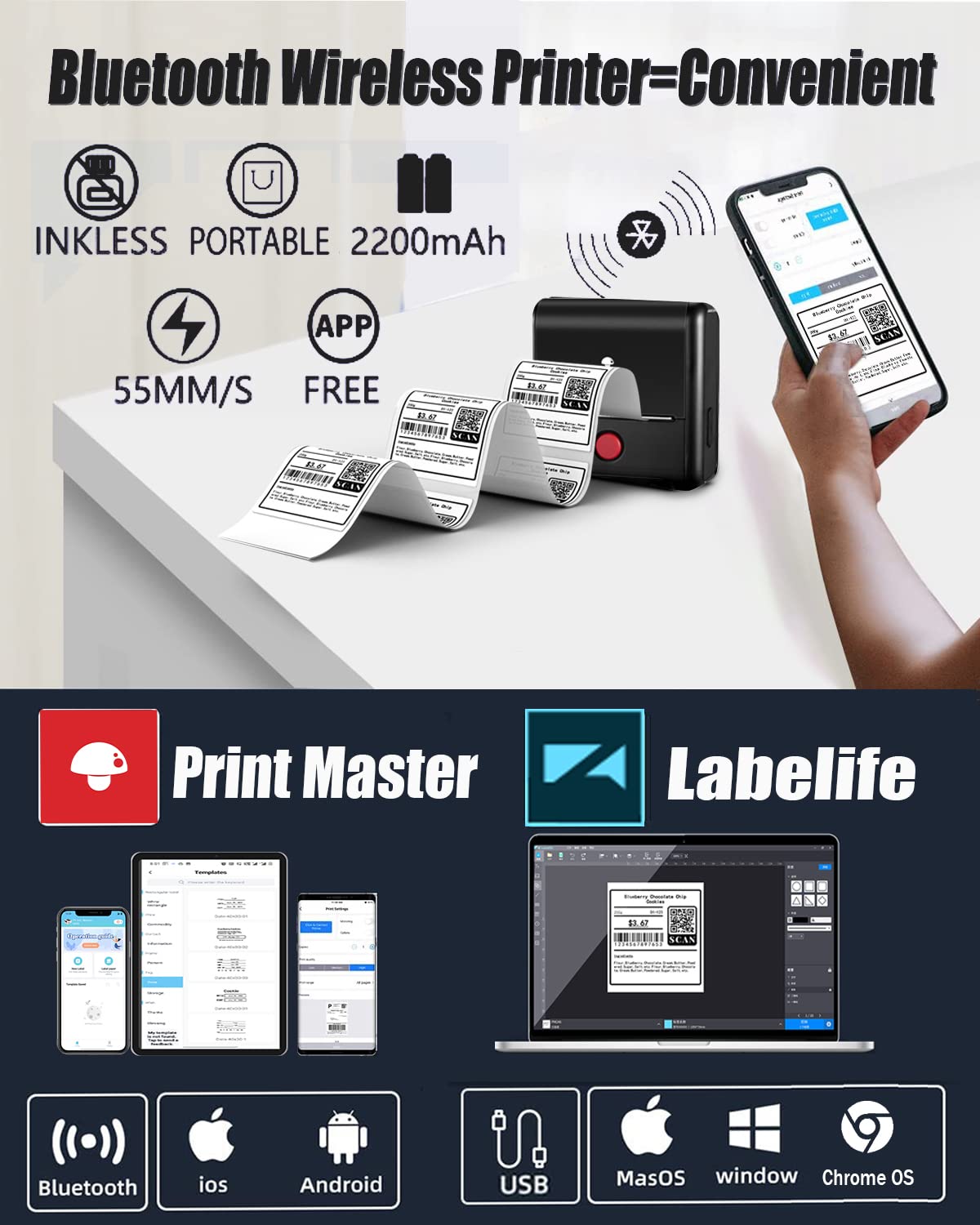 Portable Label Maker 1Roll - 3'' Bluetooth Thermal Label Printer for Labeling Products - M200 Barcode Printer and Scanner for Phone&Pad&PC, Wireless Label Makers for Labels/Photo/Logo