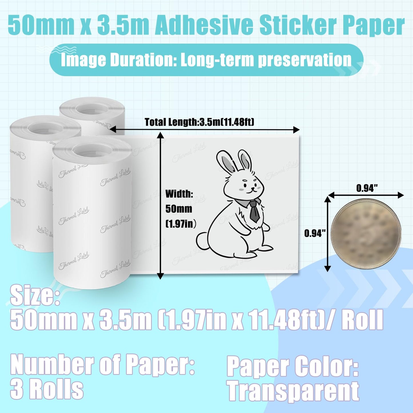 HD Clear Thermal Sticker Paper, Adhesive Transparent Paper for M02/M02S/M02Pro M03 M03AS M04 M04AS Sticker Printer, Memoking M02 Paper Compatible with Phomemo Printer Paper, 50mm x 3.5m/Roll, 3Rolls