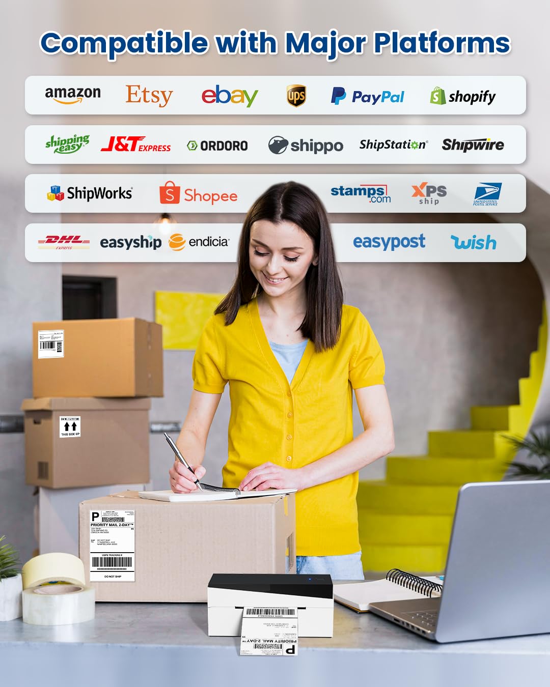 Memoking DHL Etikettendrucker Bluetooth, 4x6 Versandetiketten Drucker Für Haushalte & kleine Unternehmen, 249BT Thermodrucker Label Printer für Ebay, Etsy, UPS, Amazon, Royal Mail, Hermes, Shopify