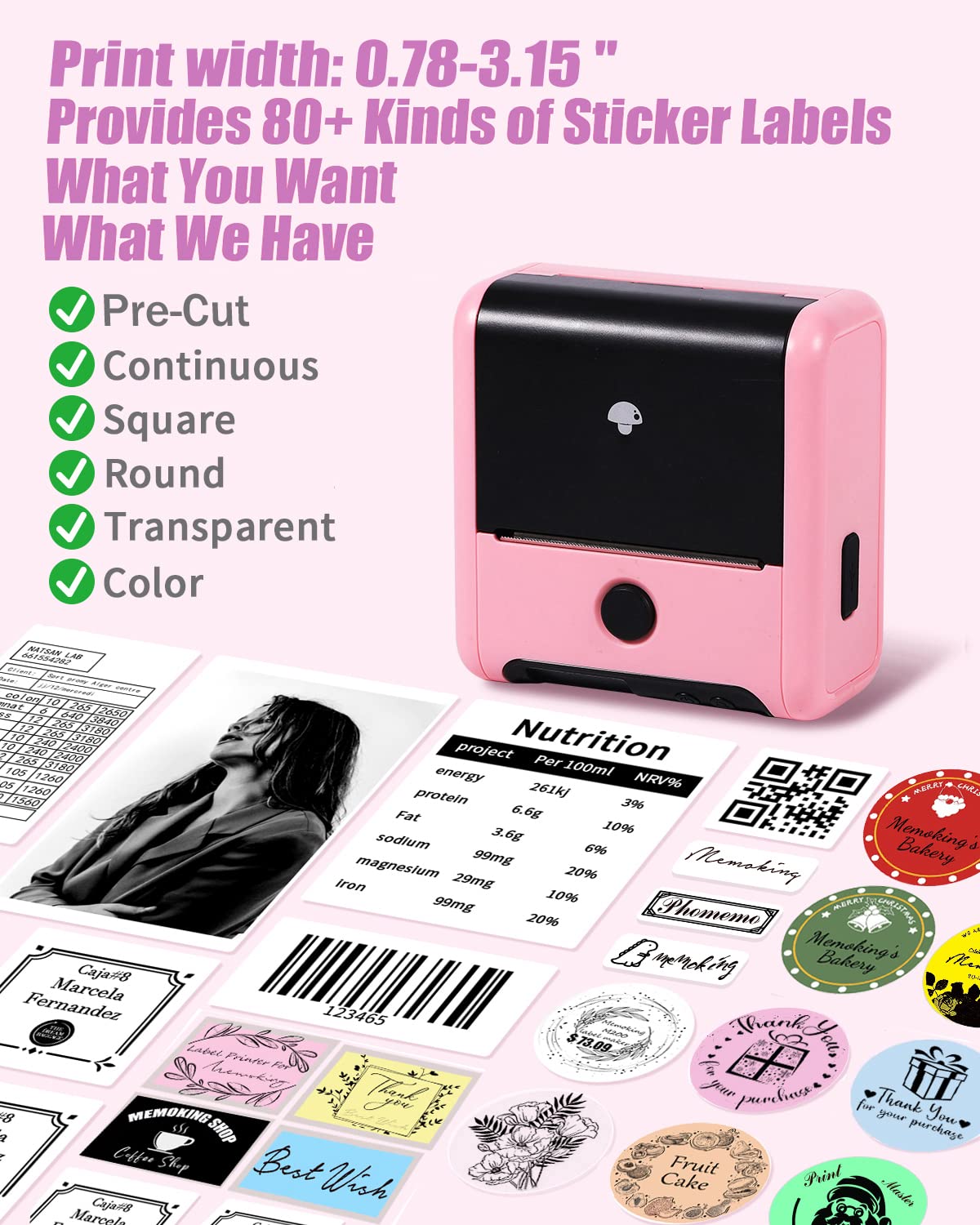 Memoking Portable Label maker, Label Printer for Small Business,Label Maker Machine with Tape for Jars,Candles,Address, Labeling, Mailing, LOGO&Product,Mini Sticker Printer for Phone & PC,Pink
