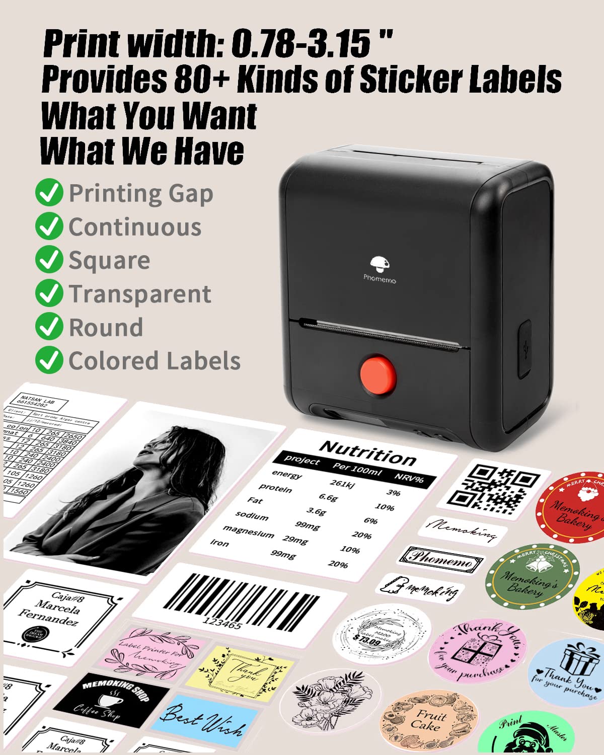 Portable Label Maker 1Roll - 3'' Bluetooth Thermal Label Printer for Labeling Products - M200 Barcode Printer and Scanner for Phone&Pad&PC, Wireless Label Makers for Labels/Photo/Logo