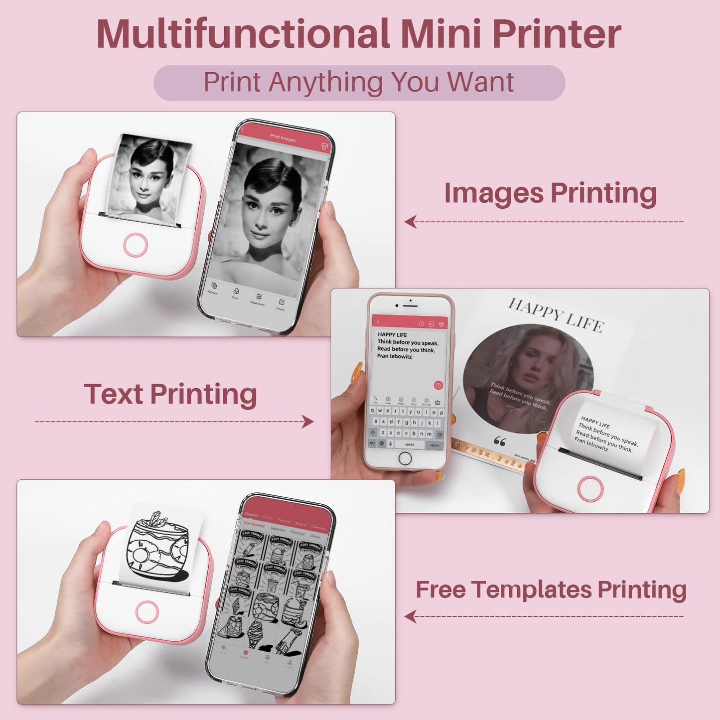 Mini Printer Sticker Maker - T02 Thermal Printer, Bluetooth Wireless Portable Phone Printer, Small Instant Pocket Printer, for Anatomy Picture, Children DIY, Pink
