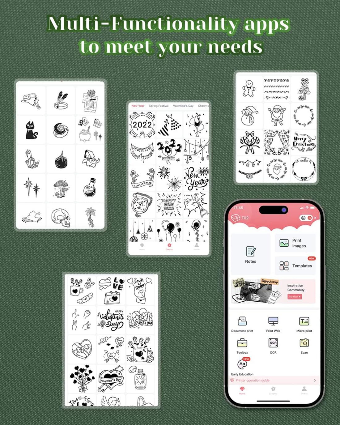 T02 Impresora Portátil de Mini Pegatina, Impresora Fotográfica Térmica para Aprender, Notas, Imágenes, Fotos, Revistas, Compatible con Tabletas Móviles, Verde