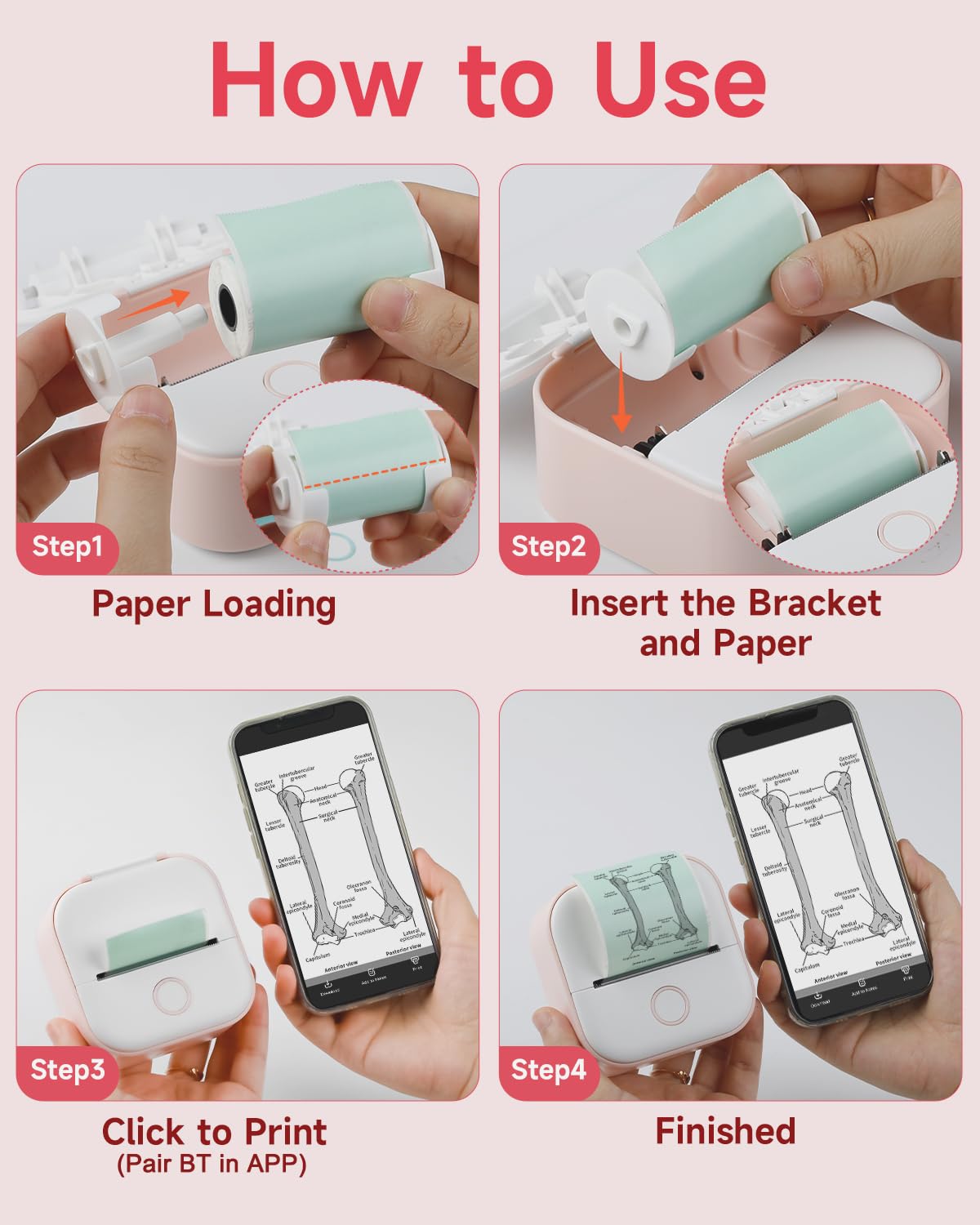 Memoking Mini Sticker Printer - T02 Small Thermal Printer for Phone, Portable Wireless Receipt Printers with 3 Rolls Paper for Children's Day Birthday, Compatible with iOS & Android, Pink