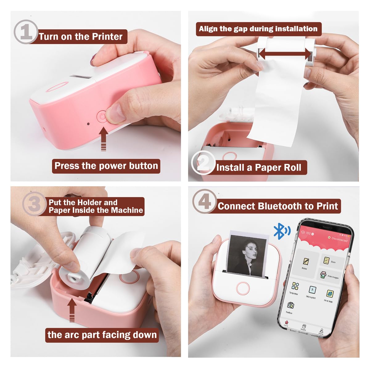 Mini Thermal Printer - T02 Pocket Compact Wireless Bluetooth Portable Mobile Receipt Printer Compatible with iOS & Android for Photos, Study Notes, Journal, Receipt, Small Gift, Pink