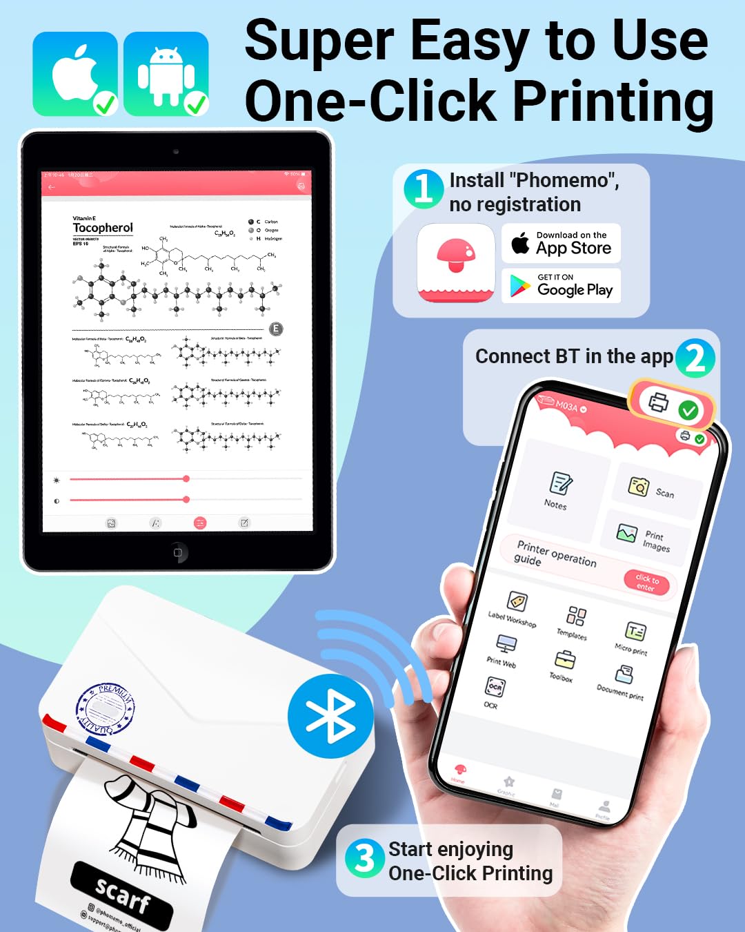 Memoking Mini Sticker Printer - 300dpi M03AS Thermal Portable Mini Printer, Bluetooth Inkless Pocket Printer for Phone, Sticky Note Printer for Study Notes, Memo, DIY, Photos, Label