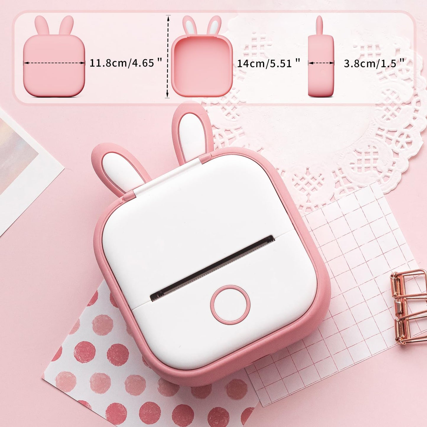 Memoking T02 Custodia Protettiva - Orecchie di Coniglio Custodia Morbida in Silicone senza BPA, Compatibile con la Stampante Tascabile Portatile Wireless Bluetooth Mini T02, Rosa