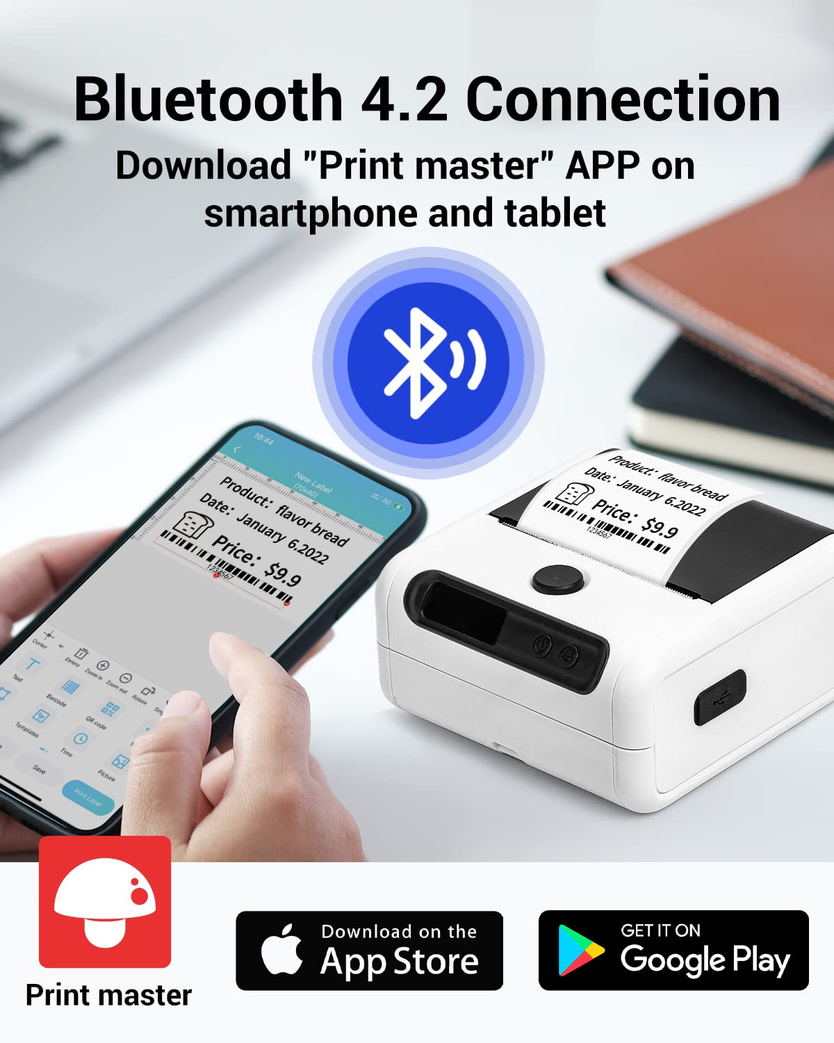 Memoking M200 imprimante d'étiquettes, étiqueteuse Thermique Portable pour Petites Entreprises, étiquettes de Prix, Codes-Barres de Produits, Compatible avec Les Smartphones et Les PC - Blanc