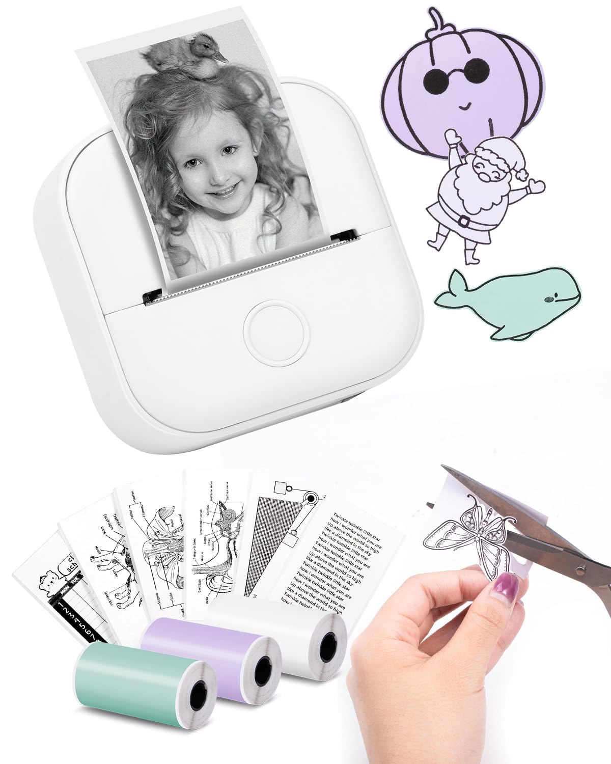Memoking Mini Portable Sticker Printer - T02 Pocket Printer with 3 Rolls Paper, Bluetooth Picture Receipt Printers for Children Birthday, Compatible with Phone & Tablet, White