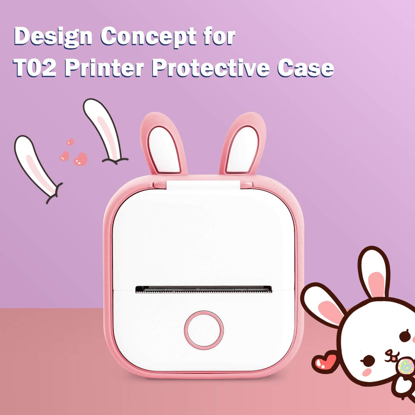 Memoking T02 Funda Protectora - Orejas de Conejo Funda de Silicona Suave sin BPA, Compatible con T02 Mini Impresora de Bolsillo Portátil Inalámbrica con Bluetooth, Rosa