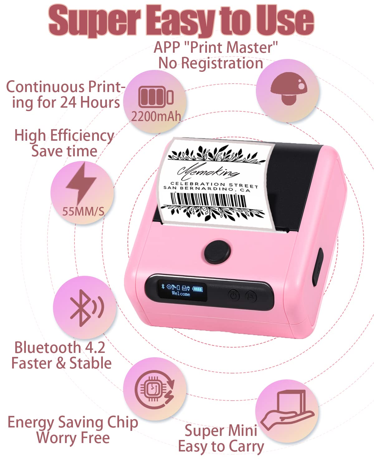 Memoking Portable Label maker, Label Printer for Small Business,Label Maker Machine with Tape for Jars,Candles,Address, Labeling, Mailing, LOGO&Product,Mini Sticker Printer for Phone & PC,Pink