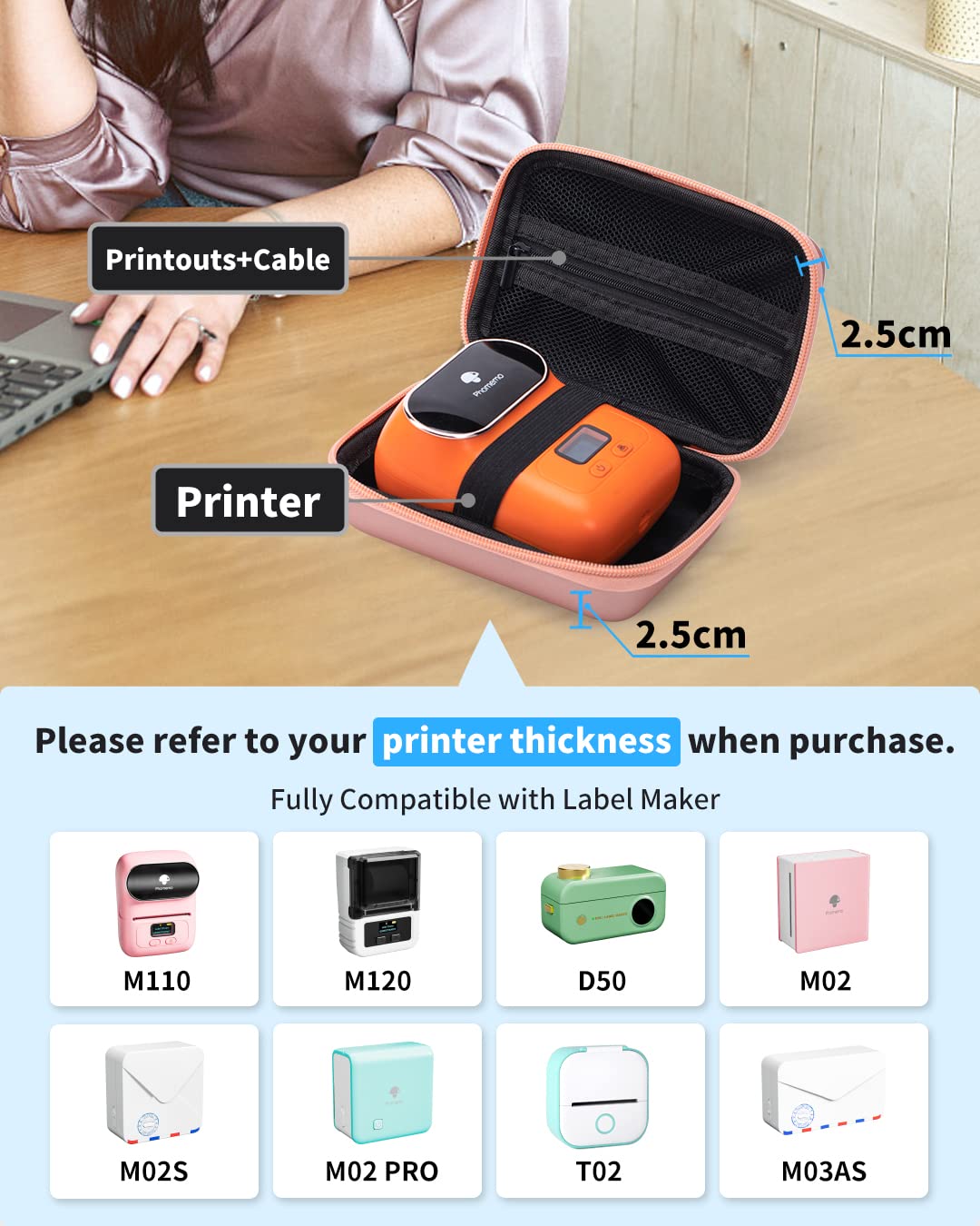 Memoking T02 Hard Storage Case - Compatible with Phomemo D30, SUPVAN E10, NIIMBOT D11, JADENS D110 and More, with Zipper Mesh Pocket, Waterproof Shockproof Case, Pink (Only Case)