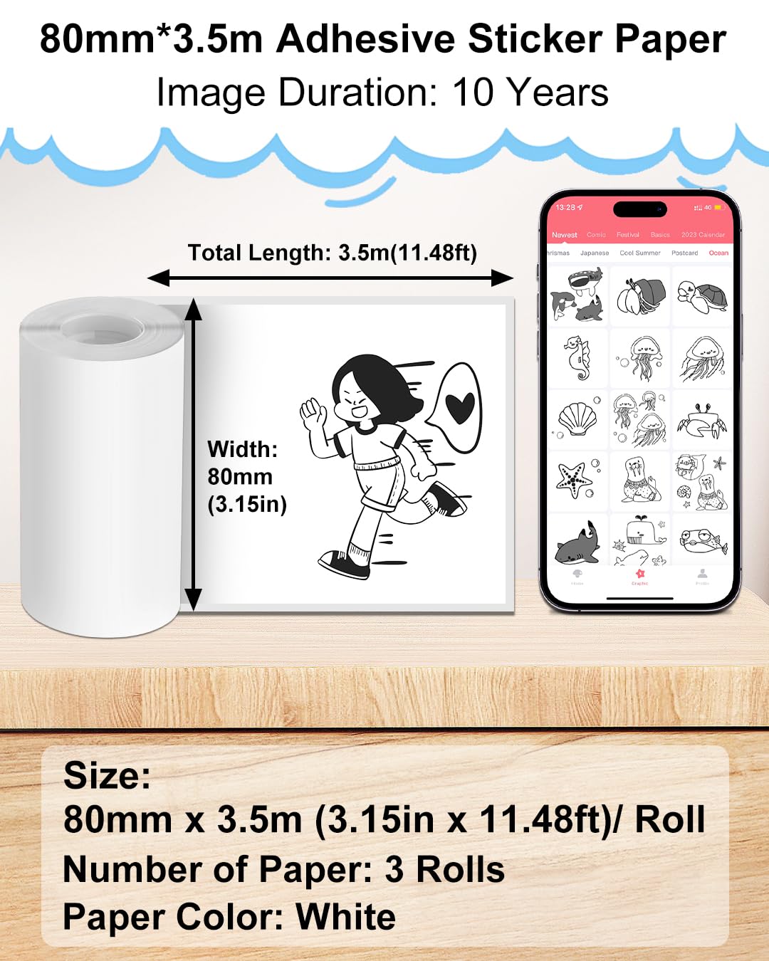 HD 80MM White Sticker Paper for M03 M03AS M04 Printer Paper, Black on White Thermal Paper, Memoking M03AS Paper Compatible with Phomemo Printer Paper M03-80mmx3.5m/Roll, 3 Rolls