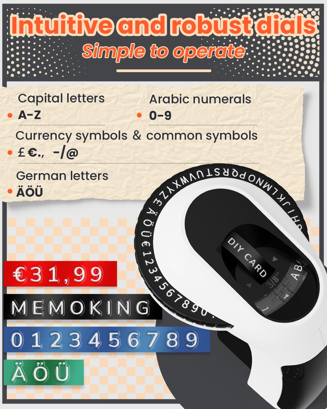 Memoking E975 Machine à étiqueter autocollante avec 3 rouleaux de rubans de gaufrage, imprimante d'étiquettes 3D avec gaufrage, imprimante d'étiquettes portable pour organisation, bricolage.