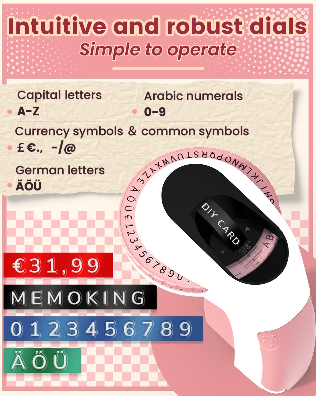 Memoking Embossed Label Maker Machine-E975 3D Embossing Label Makers with 6 Rolls Label Emboss, Handheld Vintage Embosser, Lettering Label Maker Embossing for Home, Kitchen, Gift, Organization (Pink)