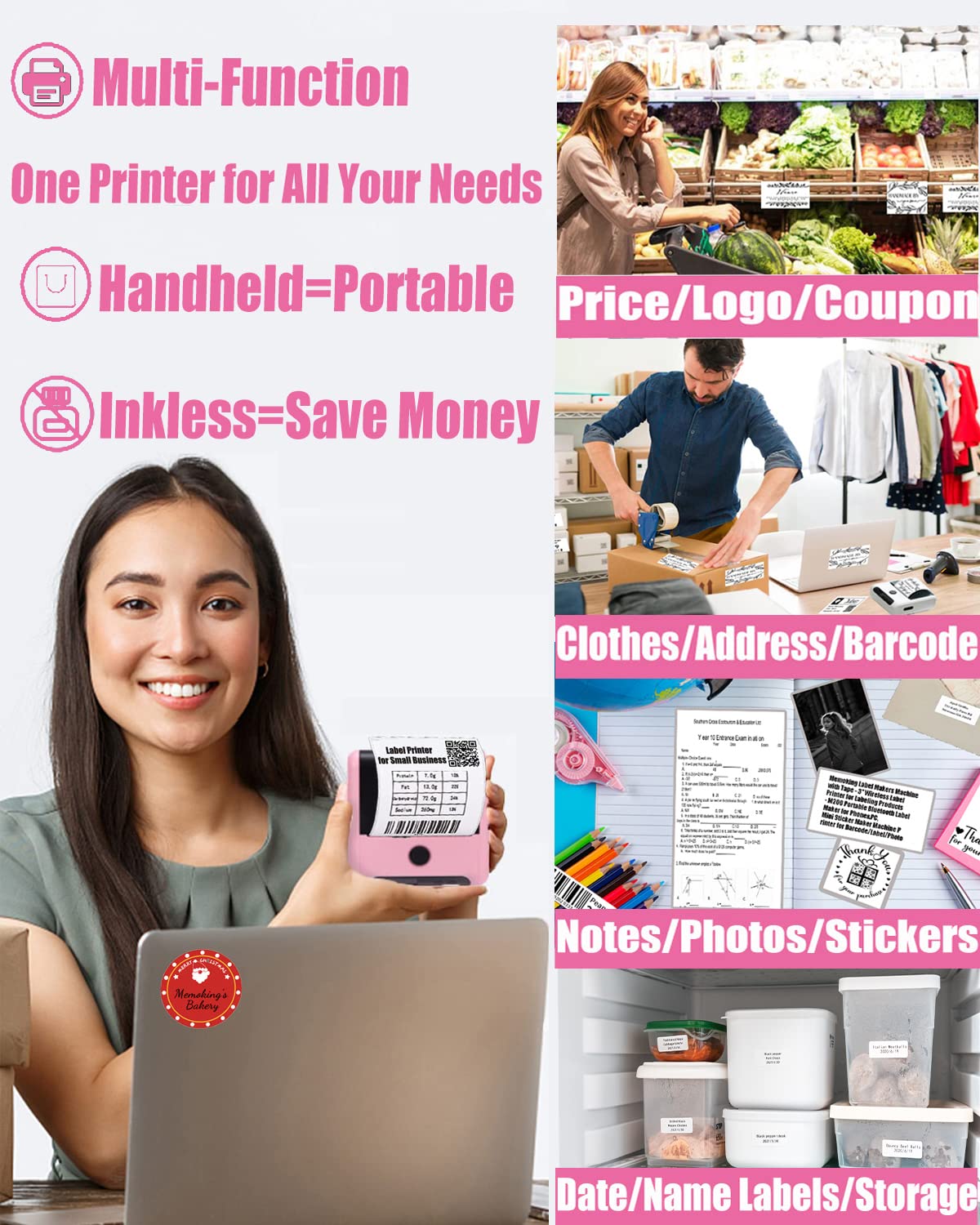 Memoking Portable Label maker, Label Printer for Small Business,Label Maker Machine with Tape for Jars,Candles,Address, Labeling, Mailing, LOGO&Product,Mini Sticker Printer for Phone & PC,Pink