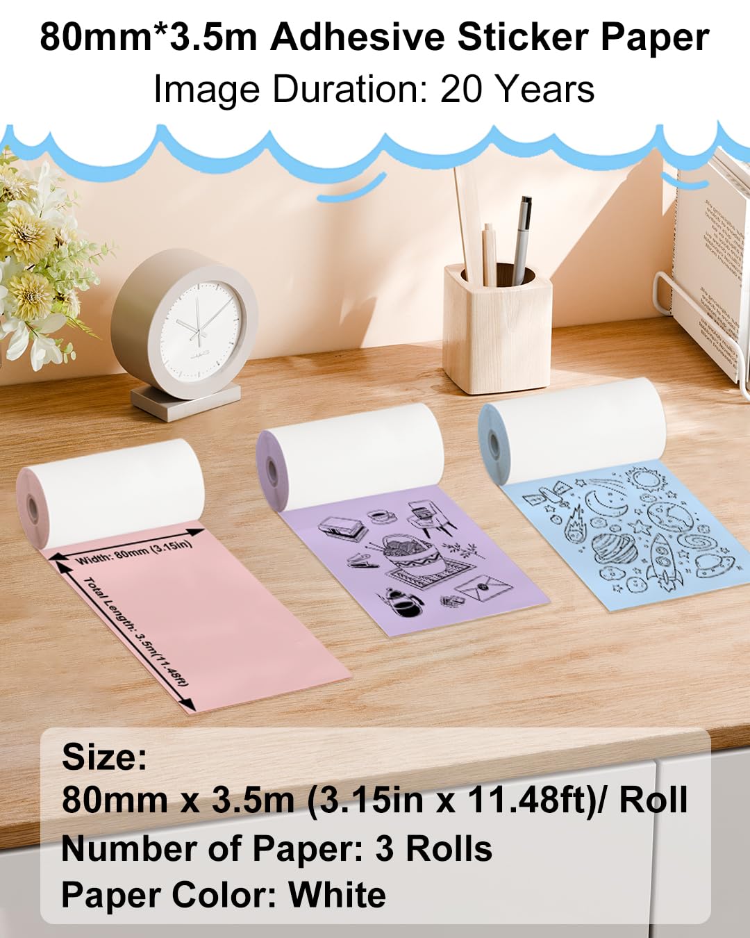 M04S Paper for M04AS Printer - M04AS HD Thermal Color Paper, Compatible with Phomemo M04S/M04AS Printer,Pink, Blue, Lavender Purple, 80mm x 3.5m,3 Rolls
