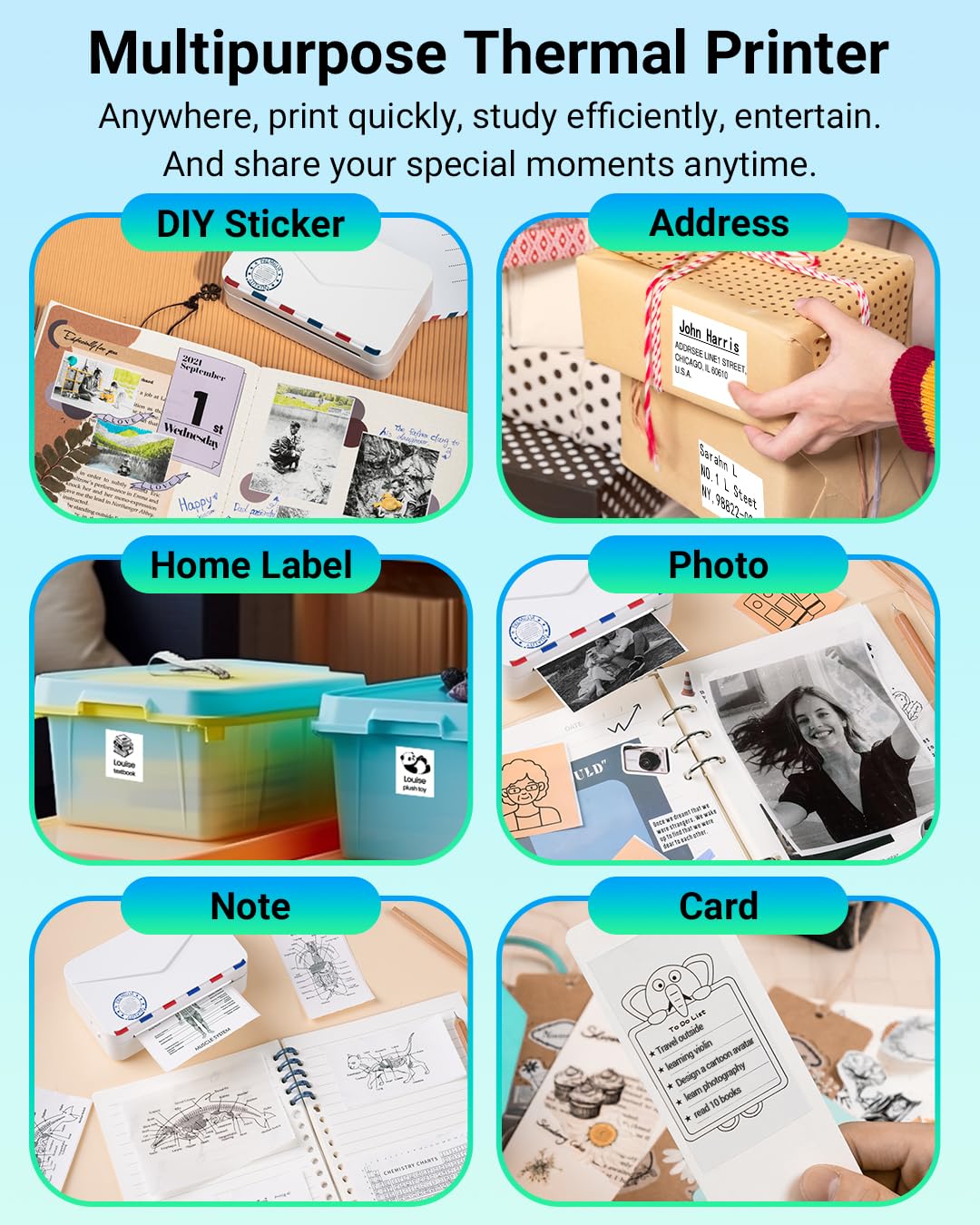 Memoking Mini Sticker Printer - 300dpi M03AS Thermal Portable Mini Printer, Bluetooth Inkless Pocket Printer for Phone, Sticky Note Printer for Study Notes, Memo, DIY, Photos, Label