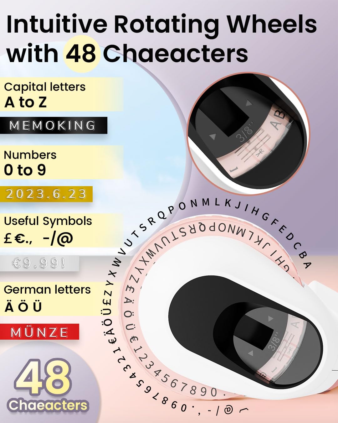 Memoking Etiqueteuse de Gaufrage avec 6 Rubans d'étiquettes,E975 3D Etiqueteuse Manuelle, Machine Etiquette Autocollantes pour la Maison, Le Bricolage et Les travaux manuels (£/€, Ä, Ö, Ü) Rose