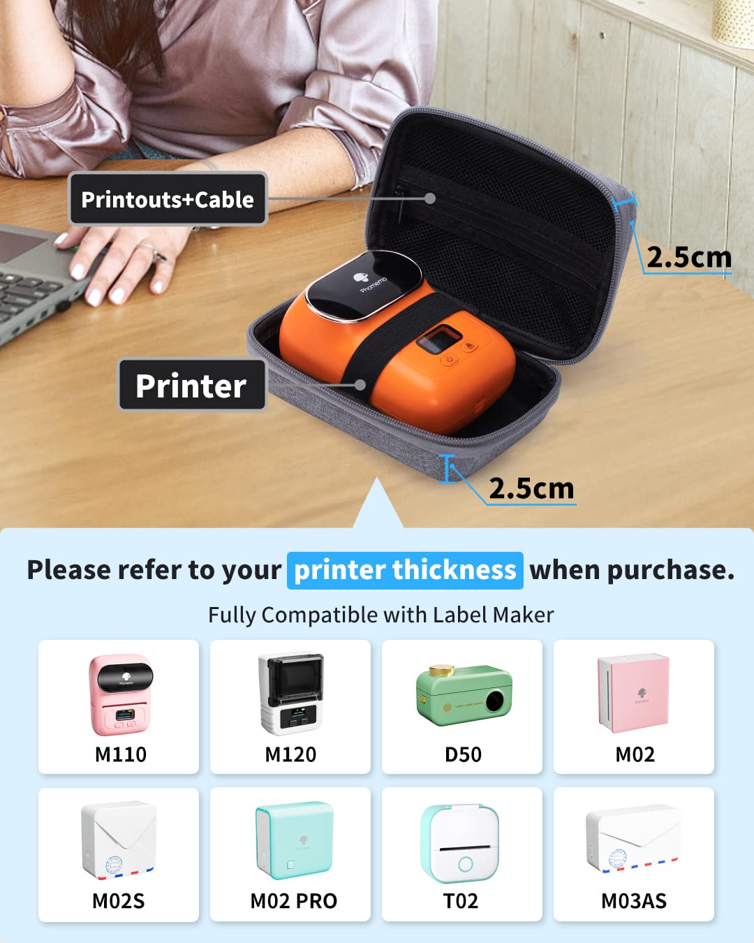 Memoking T02 Hard Storage Case - Compatible with Phomemo D30, SUPVAN E10, NIIMBOT D11, JADENS D110 and More, with Zipper Mesh Pocket, Waterproof Shockproof Case, Grey (Only Case)