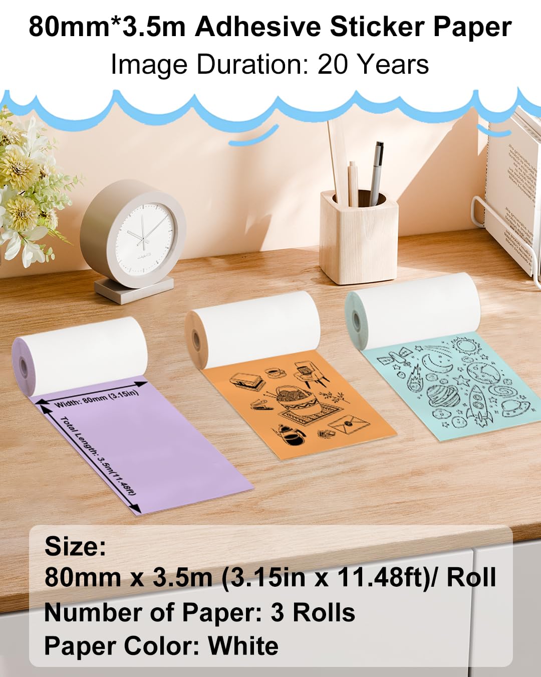 Memoking Colorful Thermal Sticker Paper, 80mm x 3.5m/Roll, for M03 M03AS M04S M04AS Mini Printer, Mint Green/Lavender Purple/Light Orange, 3 Rolls, Compatible with Phomemo Printer Paper