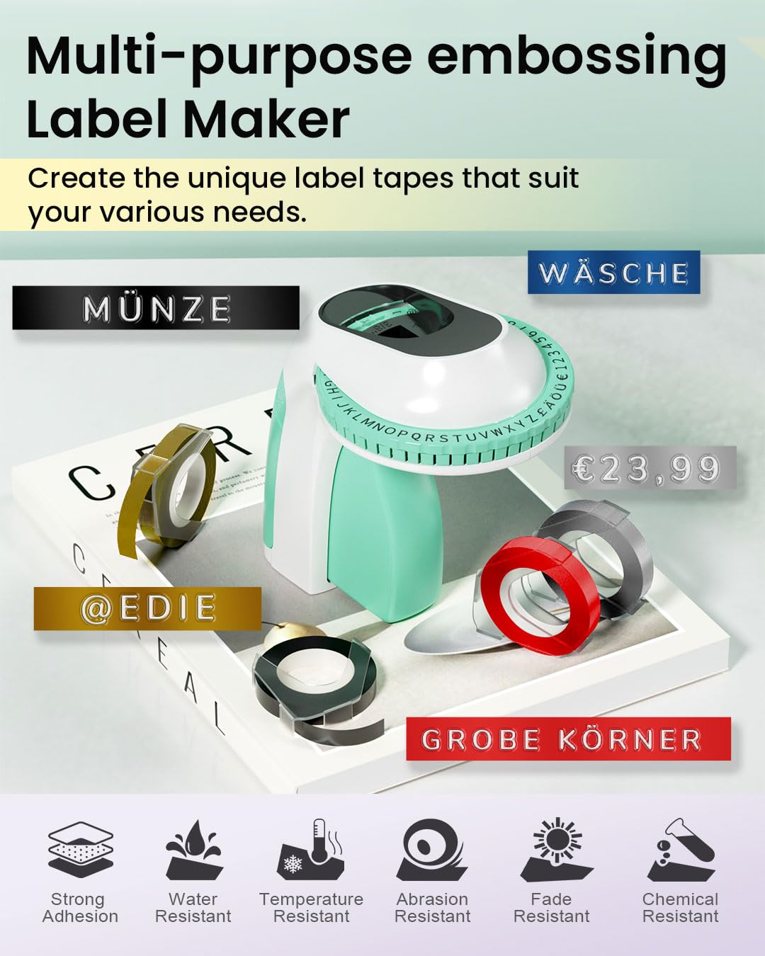 Memoking Etikettenprägegerät E975 Prägegerät mit 6 Rollen prägegerät Etiketten, 3D Handgerät Etikettendrucker mit Prägung, Tragbare Embossed Label Maker für Organisation, DIY (£/€, Ä, Ö, Ü)