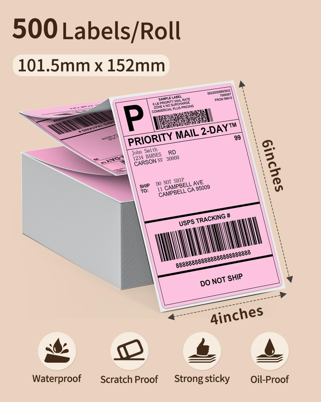 Memoking 4x6 Pink Thermal Shipping Labels, 500 Pics for Thermal Label Printer, Suitable for Etsy,Shopify, Ebay, Amazon, Royal Mail, FedEx, Compatible with Munbyn, Rollo, Polono, Jadens, Nelko, ASprink