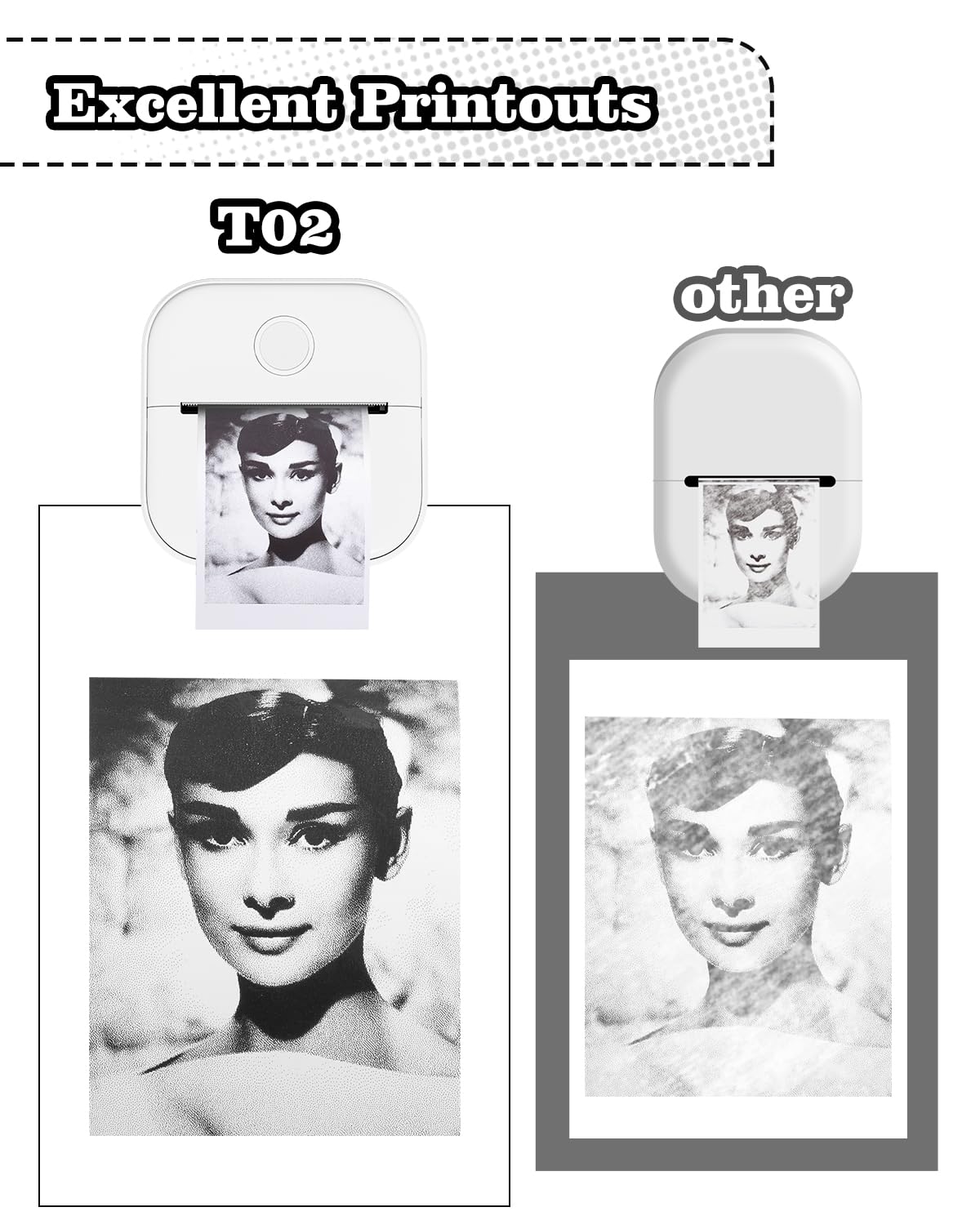Mini Portable Sticker Printer - T02 Pocket Printer with 3 Rolls Paper, Bluetooth Picture Printer for Children Birthday, Study Graphics, Receipt, Compatible with Phone & Tablet, White