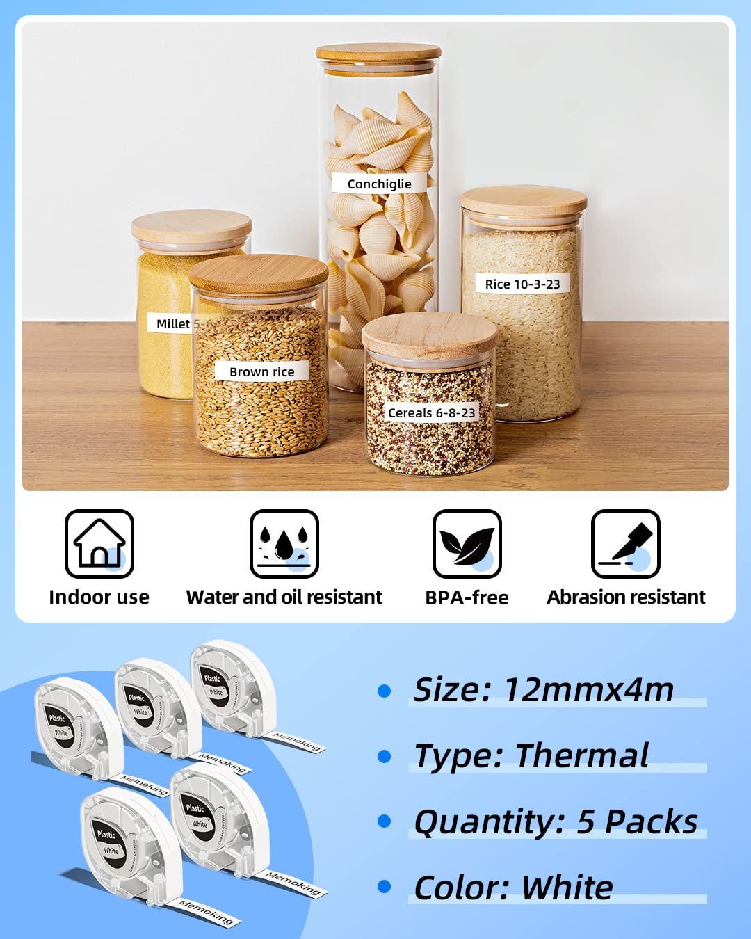 Memoking Label Tape for Dymo Label Maker Refills White, Compatible with Dymo Letratag Refill 91330 (10697), 12mm X 4m P12 Pro Label Tape for Dymo Label Refills Dymo Labels Lt 100H 100T Qx50, 5-Pack