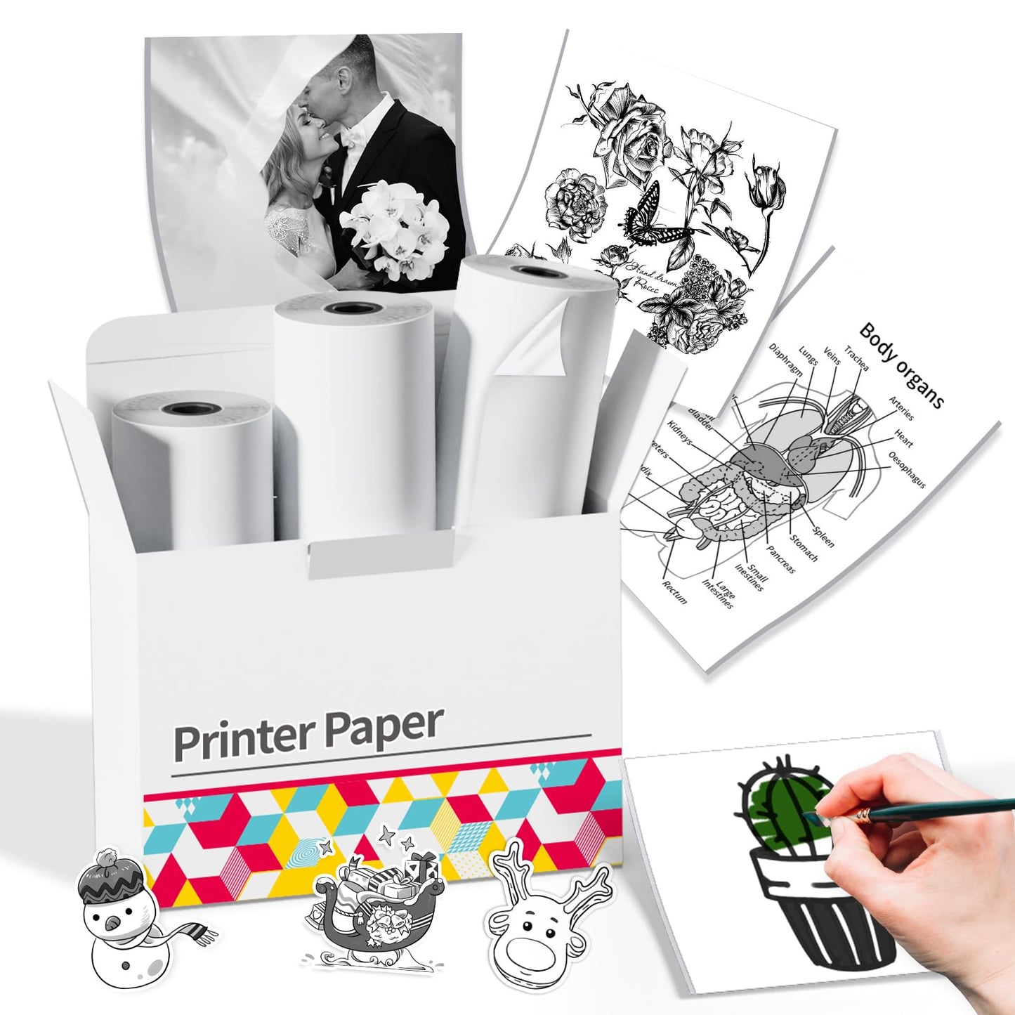 HD White Sticker Paper, Adhesive Thermal Paper for M02 M02S M02Pro M03 M03AS M04S Pocket Phone Printer - Memoking M02 Label Paper Compatible with Phomemo Printer Paper M02, 50mm x 3.5m/Roll, 3Rolls