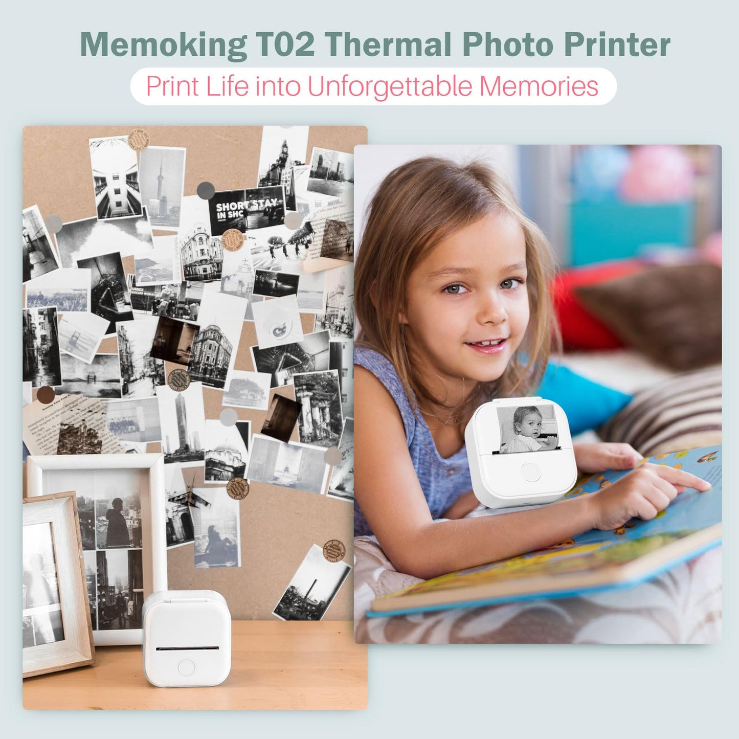 Memoking Mini Stampante - T02 Piccola Stampante Fotografica Istantanea Bluetooth Portatile in Bianco e Nero per DIY Journal Creazione di Diario Regalo per Bambini, Compatibile con iOS Android, Bianco