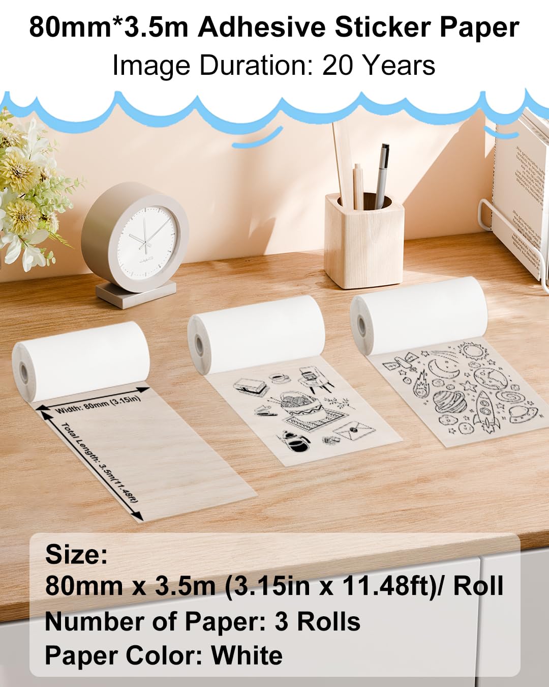 Transparent Thermal Sticker Paper, 80mmx3.5m/Roll, Compatible with M04AS M04S M03S M03AS Mini Printer, Memoking Clear Sticker Paper Compatible with Phomemo Printer Paper, 3 Rolls