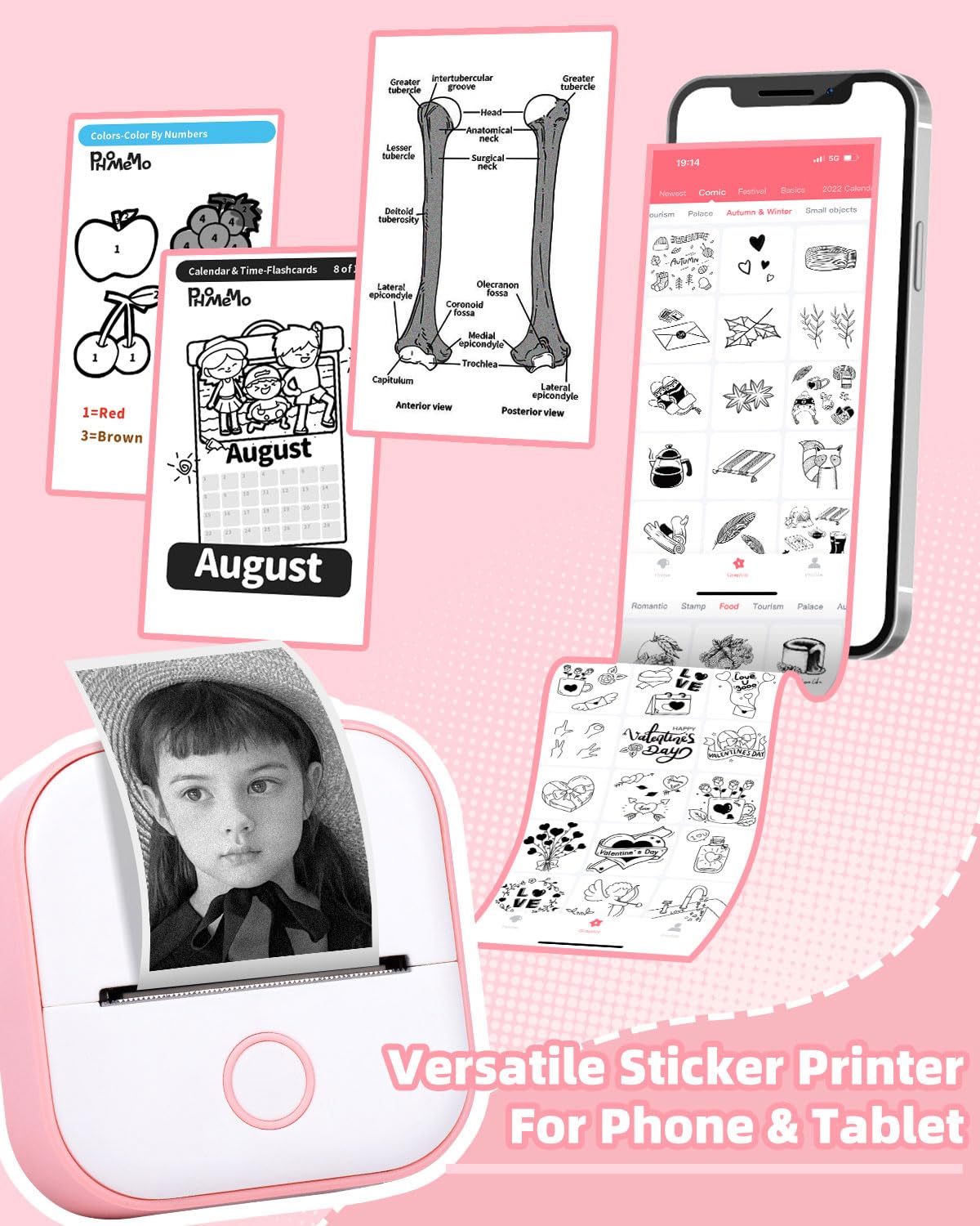 Memoking Mini Sticker Printer - T02 Small Thermal Printer for Phone, Portable Wireless Receipt Printers with 3 Rolls Paper for Children's Day Birthday, Compatible with iOS & Android, Pink