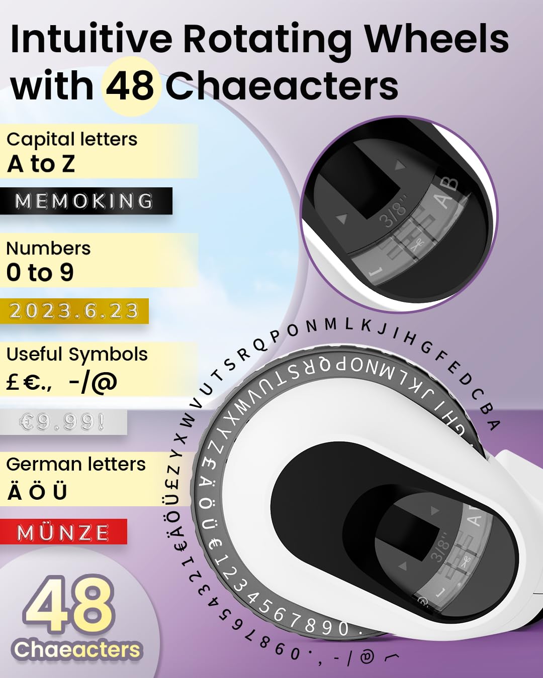 Memoking Etiqueteuse de Gaufrage avec 6 Rubans d'étiquettes,E975 3D Etiqueteuse Manuelle, Machine Etiquette Autocollantes pour la Maison, Le Bricolage et Les travaux manuels (£/€, Ä, Ö, Ü) Noir