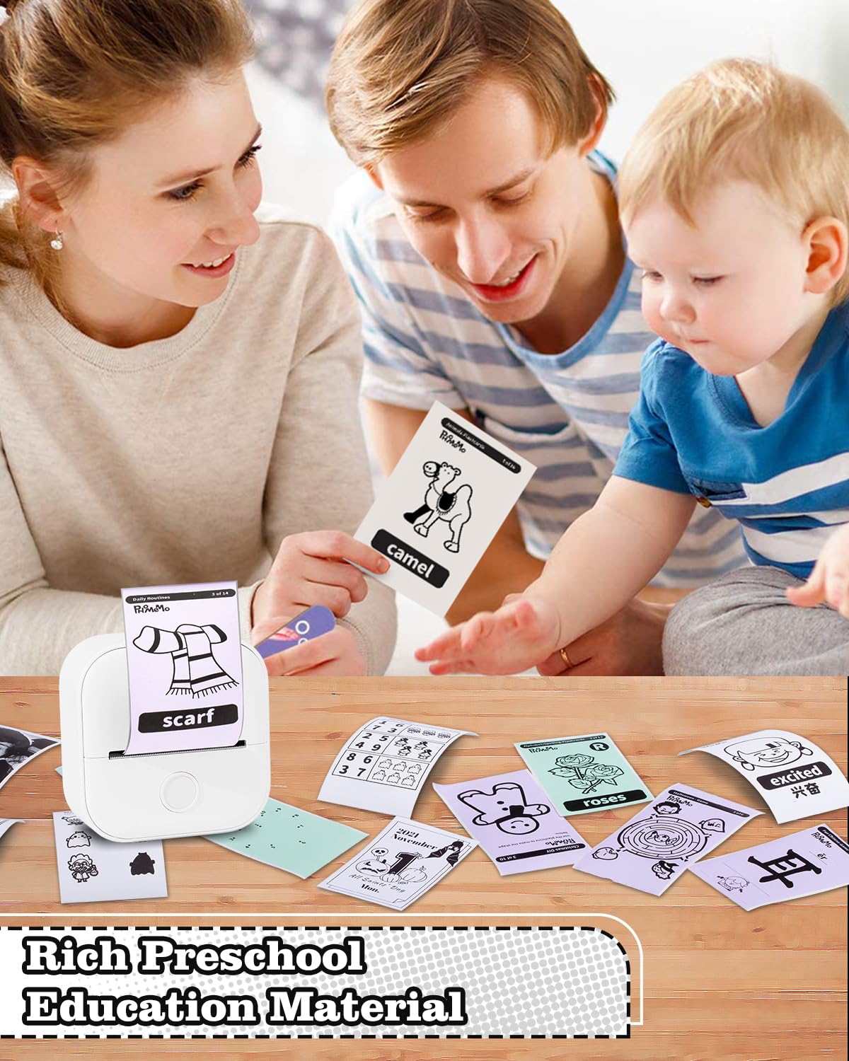 Memoking Mini Portable Sticker Printer - T02 Pocket Printer with 3 Rolls Paper, Bluetooth Picture Receipt Printers for Children Birthday, Compatible with Phone & Tablet, White