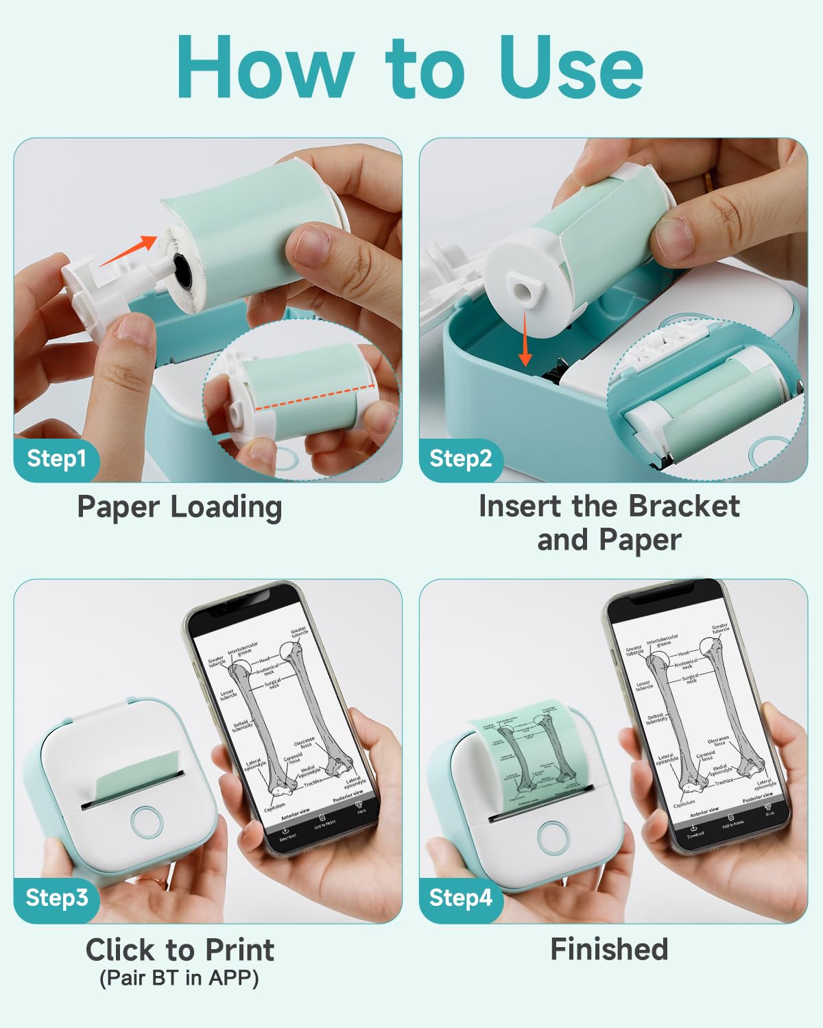 Mini Printer - Sticker Printer T02 Portable Thermal Printer Inkless Sticker Maker Machine Pocket Bluetooth Receipt Printers Phone Printer for Learning, Study Notes, Anatomical Diagram, Photos, Journal