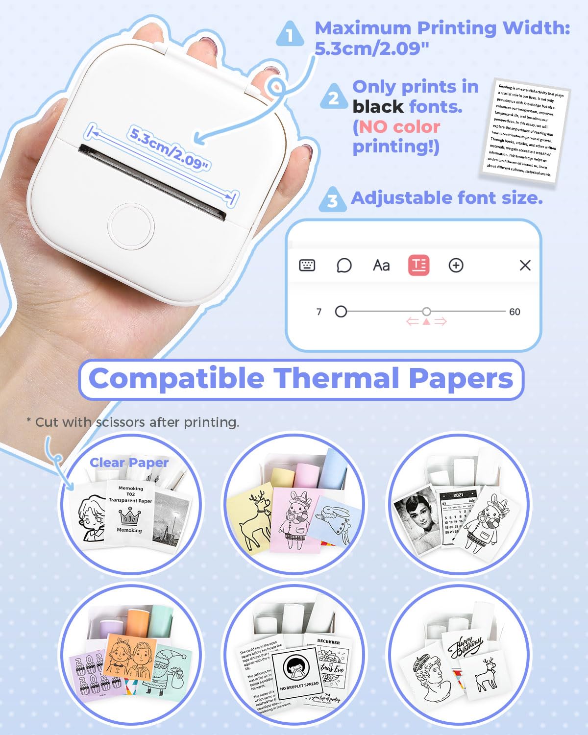Memoking Mini Portable Sticker Printer - T02 Pocket Printer with 3 Rolls Paper, Bluetooth Picture Receipt Printers for Children Birthday, Compatible with Phone & Tablet, White