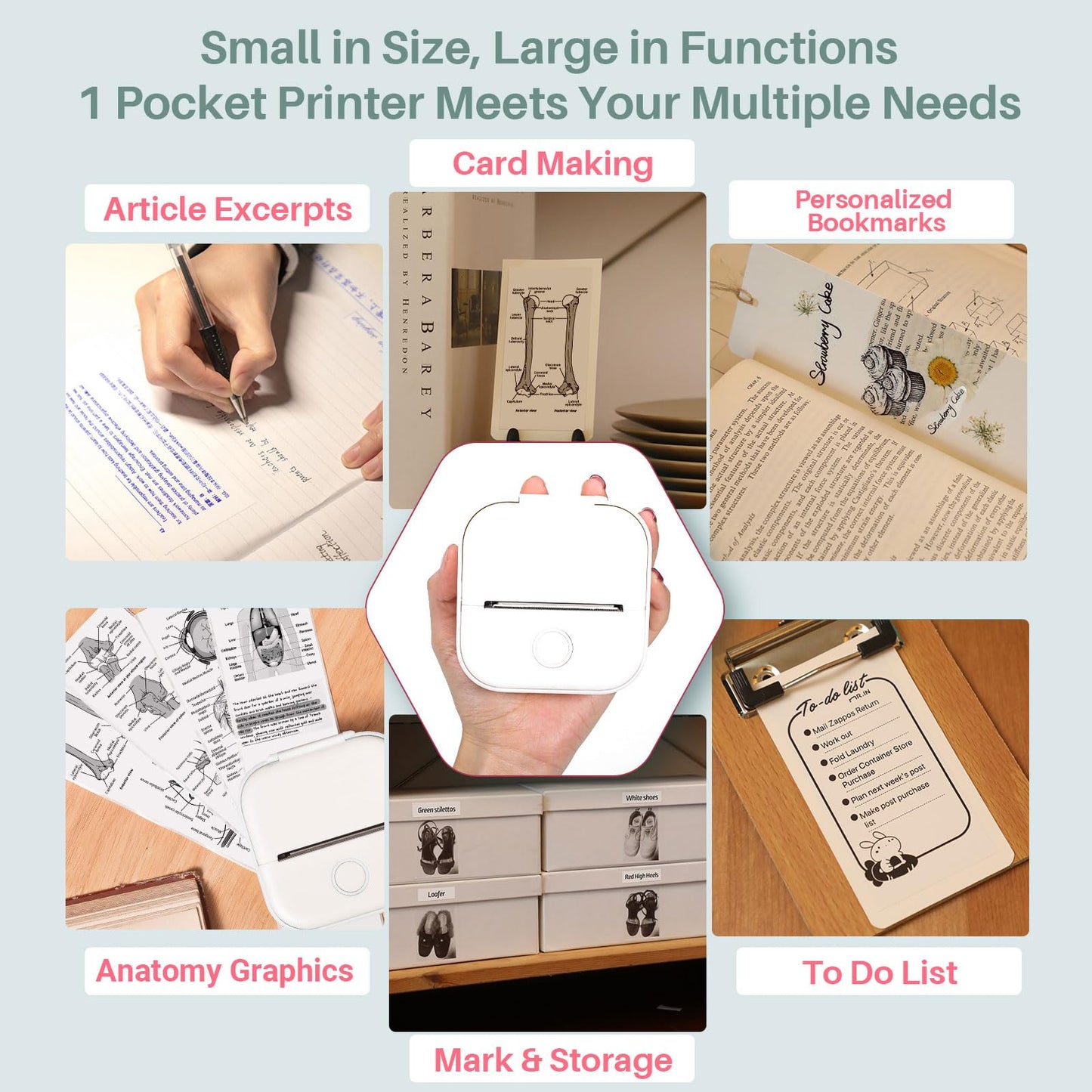 Mini Printer - T02 Bluetooth Inkless Instant Photo Printer, Small Thermal Pocket Sticker Printer, Portable Mobile Phone Picture Printer, for Students, Gift, Receipts, White (Bunny Case Not Included)