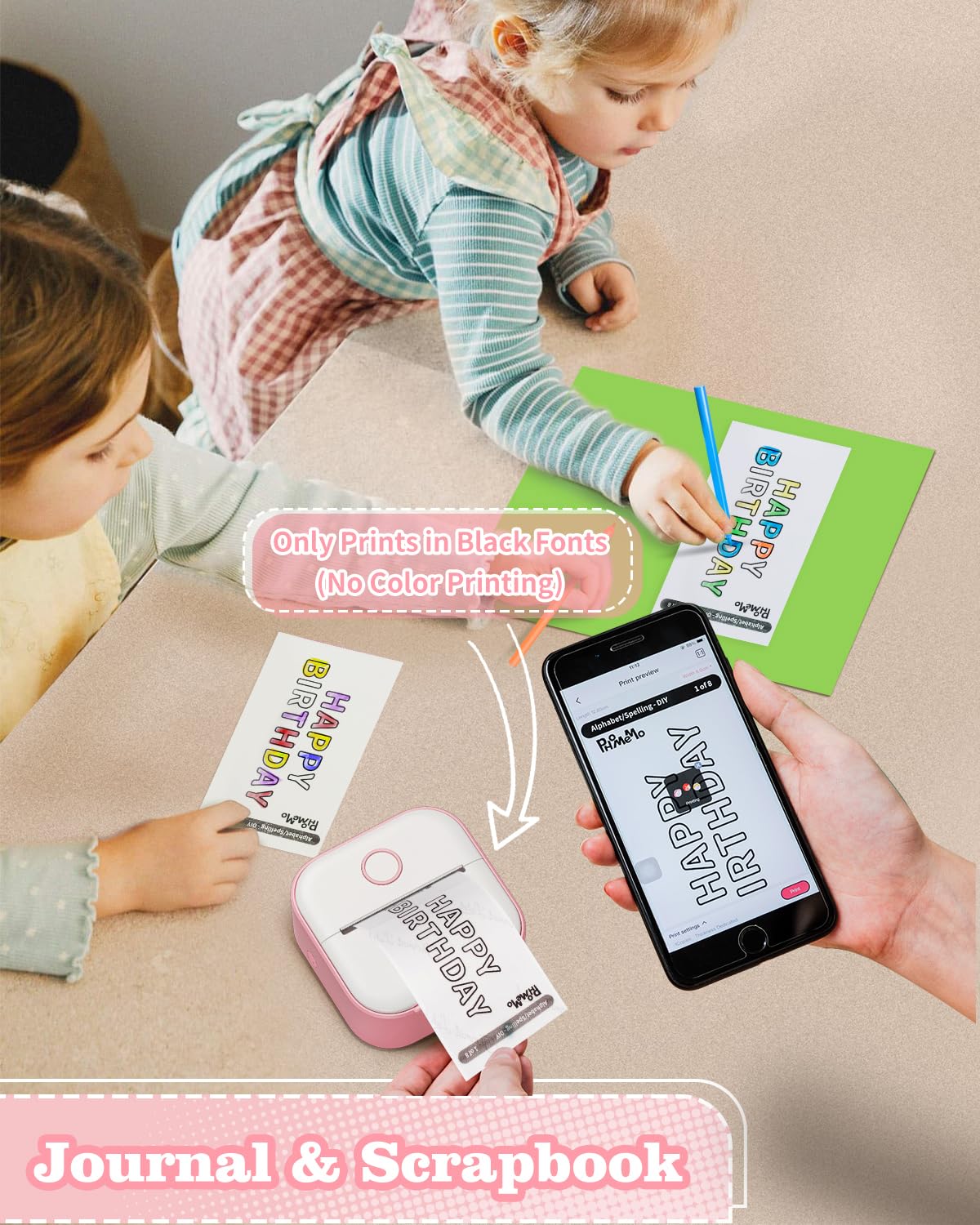 Memoking Mini Sticker Printer - T02 Small Thermal Printer for Phone, Portable Wireless Receipt Printers with 3 Rolls Paper for Children's Day Birthday, Compatible with iOS & Android, Pink